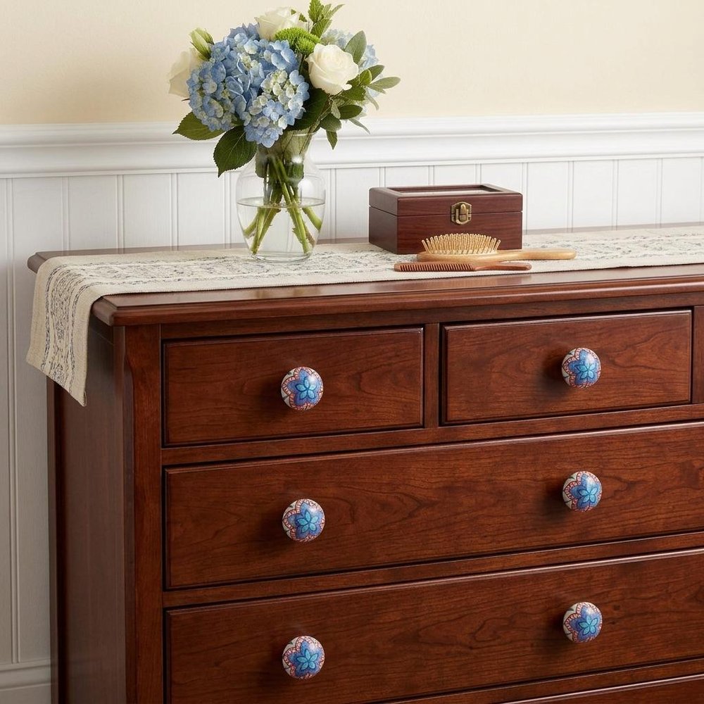 Set of Eight Blue And White Floral Ceramic Drawer Pull Knobs