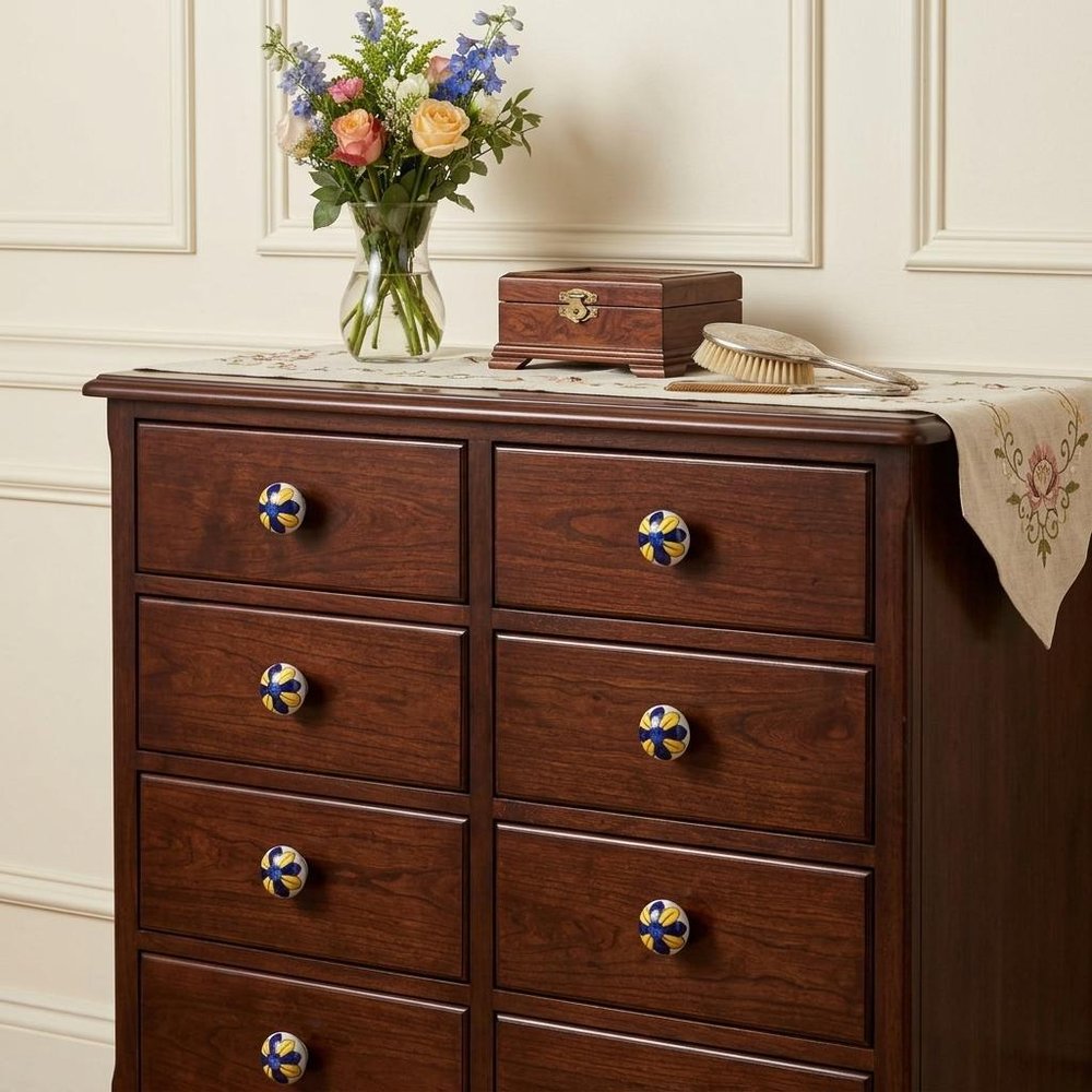Set of Eight Blue And Yellow Floral Ceramic Drawer Pull Knobs