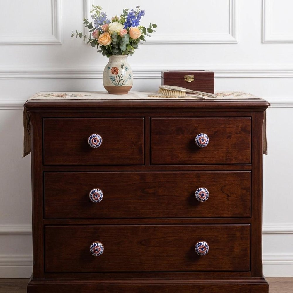 Set of Eight Blue And White Floral Ceramic Drawer Pull Knobs