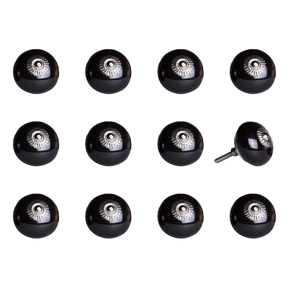 Set of Twelve Black Ceramic Drawer Pull Knobs on a white background