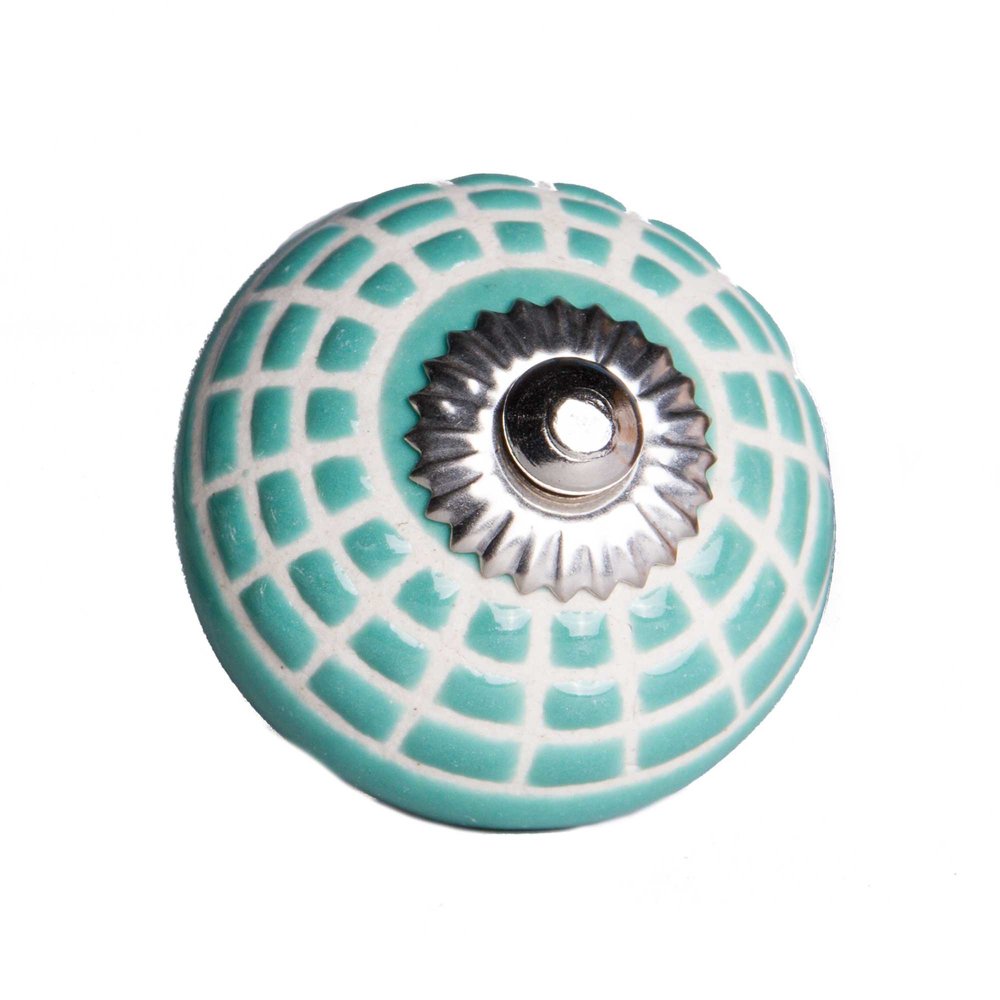Set of Twelve Turquoise And White Geometric Ceramic Drawer Pull Knobs on a white background