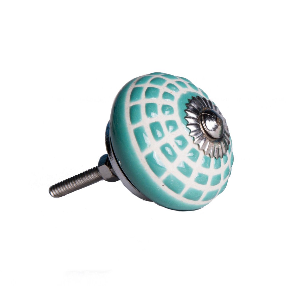 Set of Twelve Turquoise And White Geometric Ceramic Drawer Pull Knobs on a white background