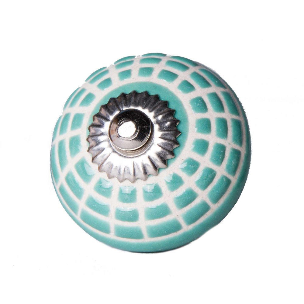 Set of Twelve Turquoise And White Geometric Ceramic Drawer Pull Knobs on a white background