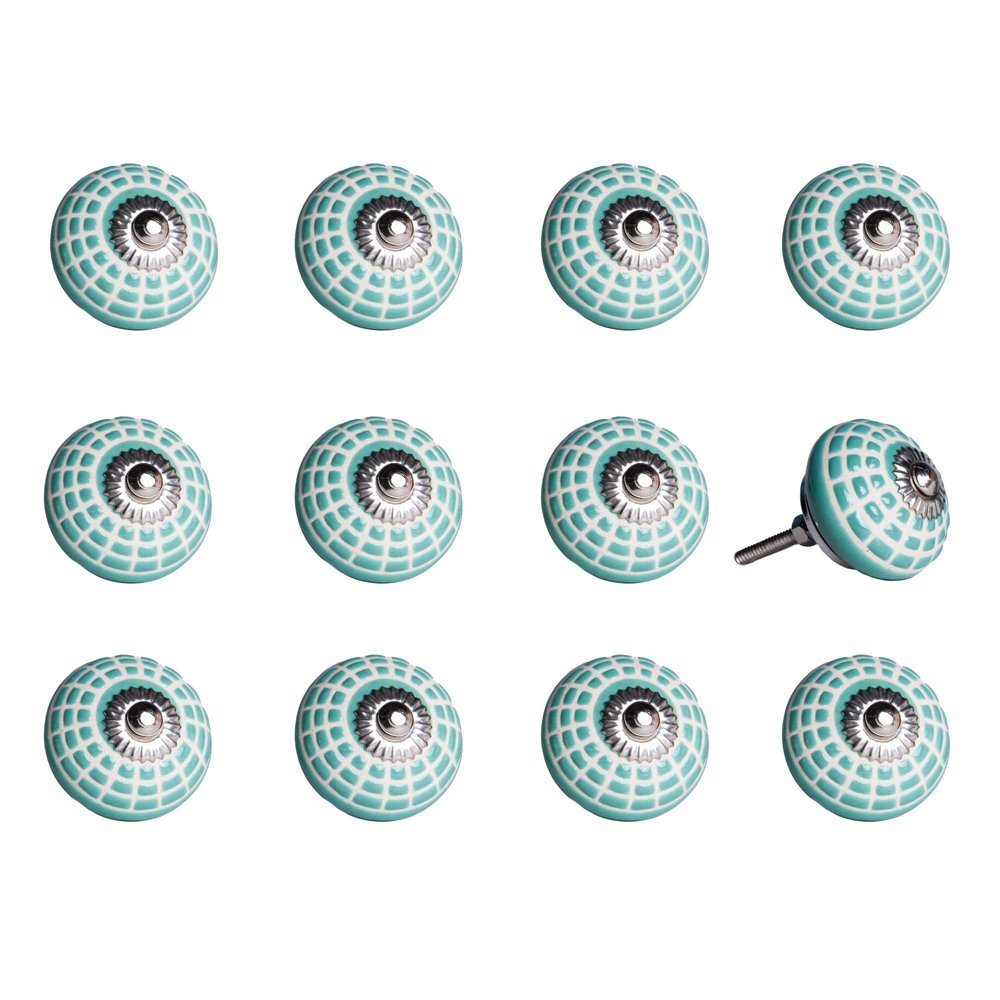 Set of Twelve Turquoise And White Geometric Ceramic Drawer Pull Knobs on a white background