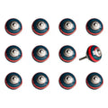 Set of Twelve Navy Blue And Red Geometric Ceramic Drawer Pull Knobs on a white background