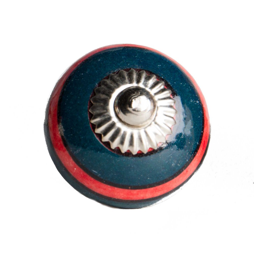 Set of Twelve Navy Blue And Red Geometric Ceramic Drawer Pull Knobs on a white background