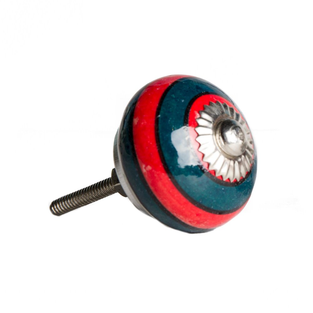 Set of Twelve Navy Blue And Red Geometric Ceramic Drawer Pull Knobs on a white background