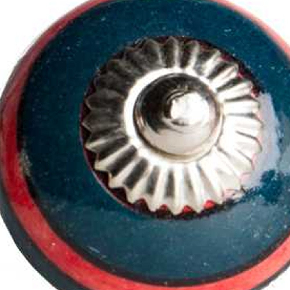 Set of Twelve Navy Blue And Red Geometric Ceramic Drawer Pull Knobs close-up detail