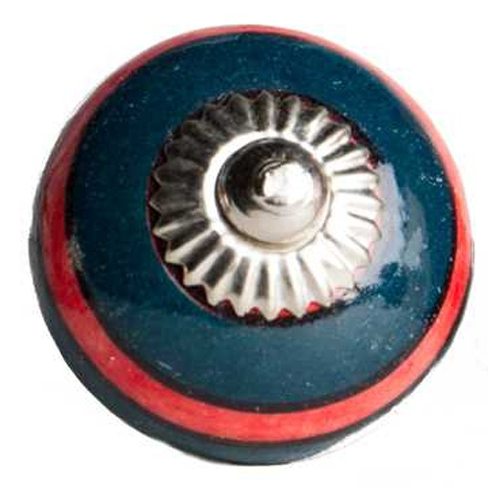 Set of Twelve Navy Blue And Red Geometric Ceramic Drawer Pull Knobs on a white background