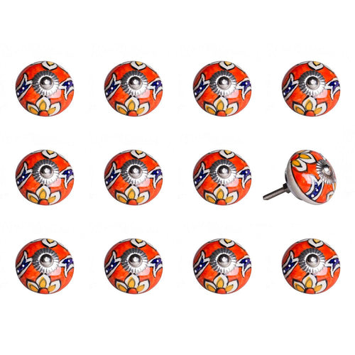 Twelve multicolor ceramic knobs with a floral pattern and metal screw on a white background.