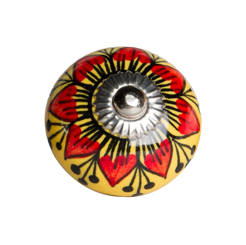 Set of Twelve Yellow And Black Floral Ceramic Drawer Pull Knobs on a white background