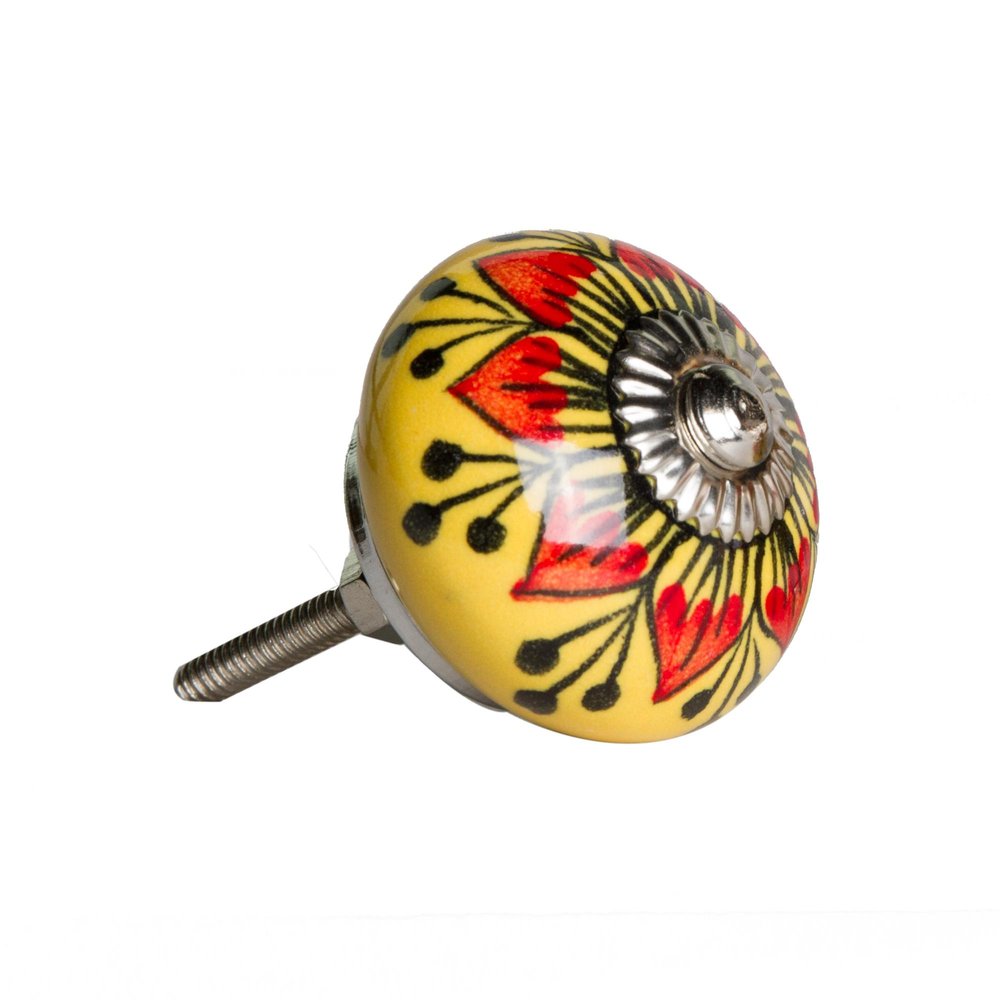Set of Twelve Yellow And Black Floral Ceramic Drawer Pull Knobs on a white background