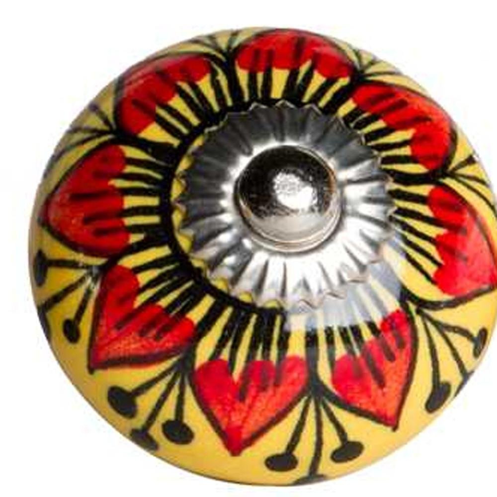 Set of Twelve Yellow And Black Floral Ceramic Drawer Pull Knobs on a white background
