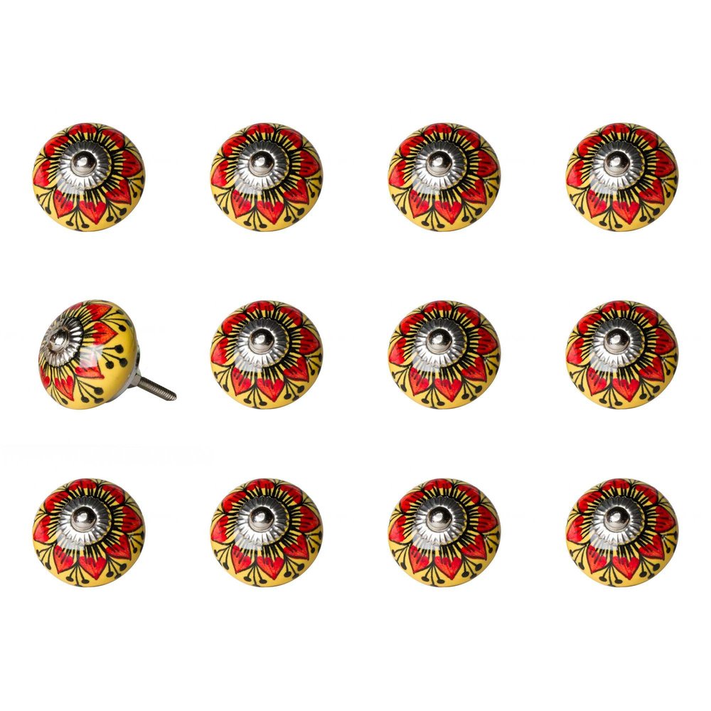 Set of Twelve Yellow And Black Floral Ceramic Drawer Pull Knobs on a white background