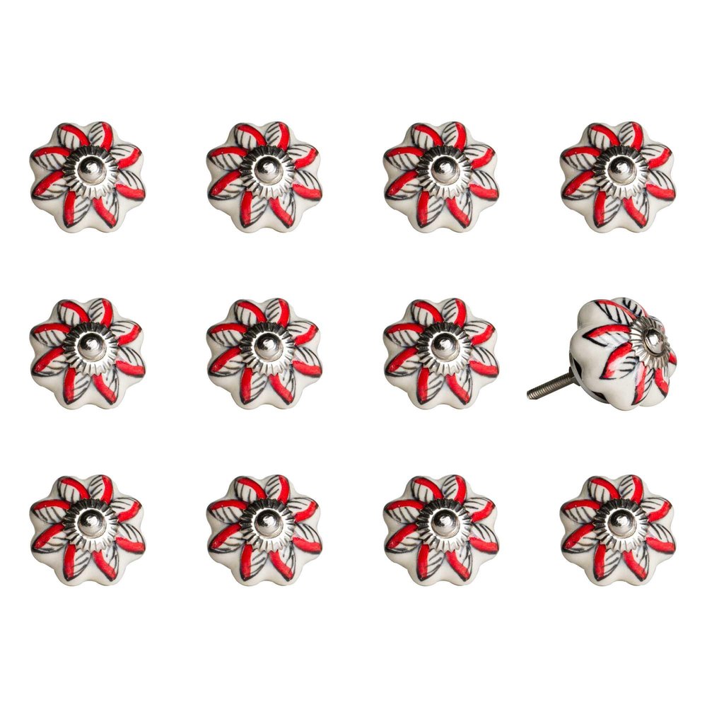 Set of twelve red and white floral ceramic drawer pull knobs on a white background.