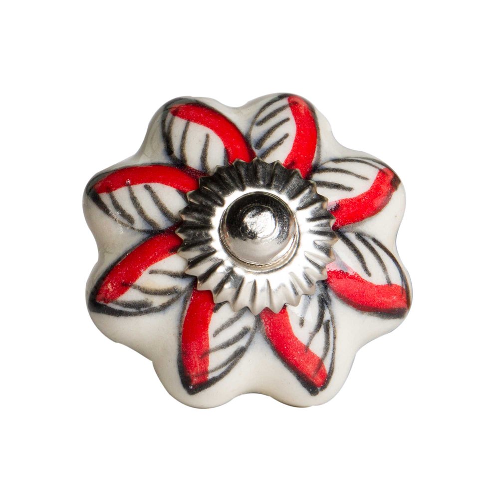 Set of Twelve Red And White Floral Ceramic Drawer Pull Knobs on a white background