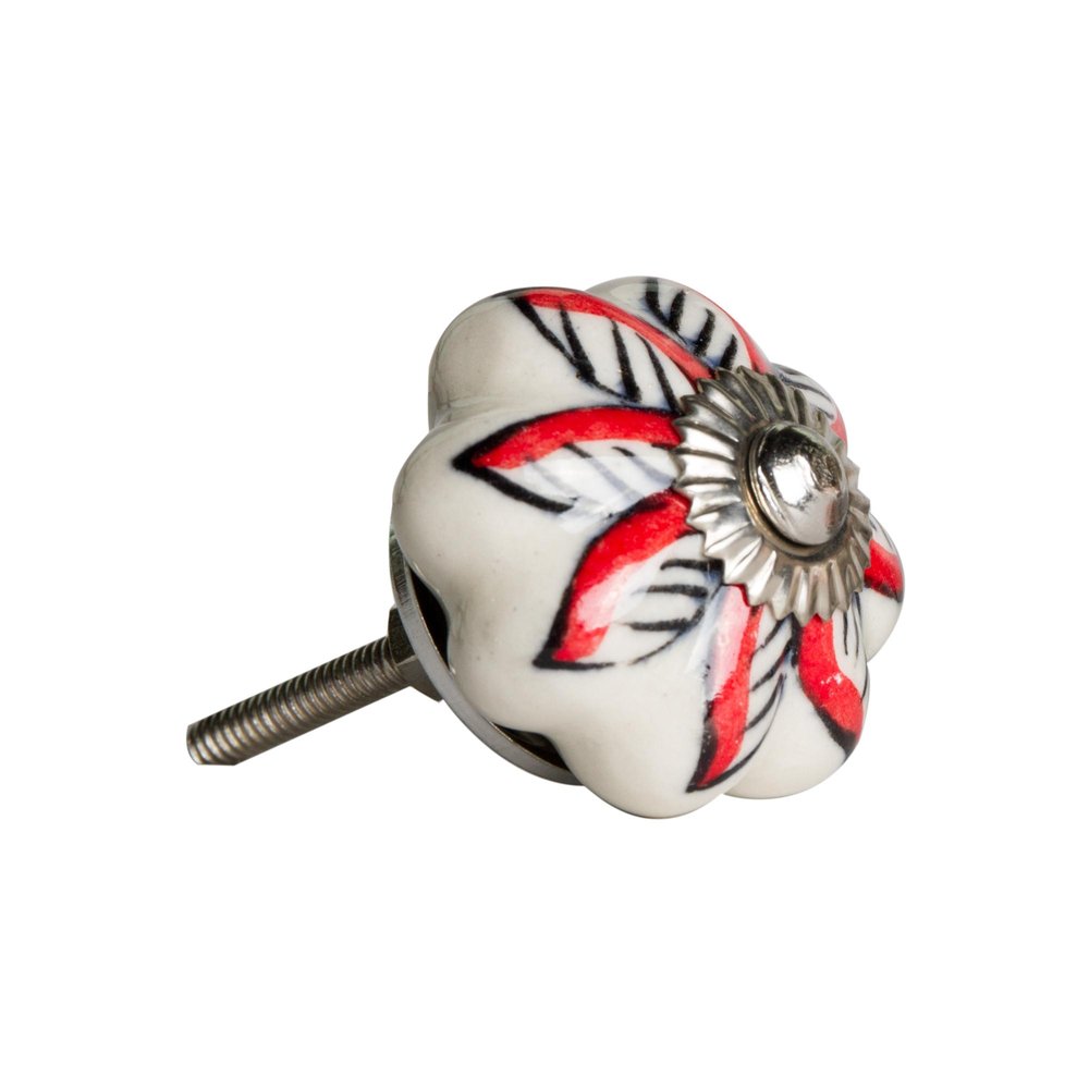 Set of Twelve Red And White Floral Ceramic Drawer Pull Knobs on a white background
