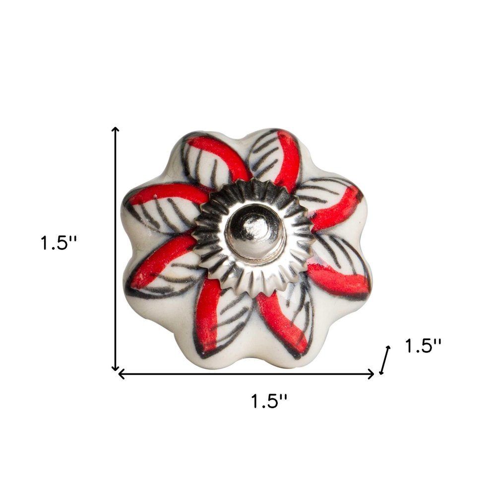 Set of Twelve Red And White Floral Ceramic Drawer Pull Knobs on a white background