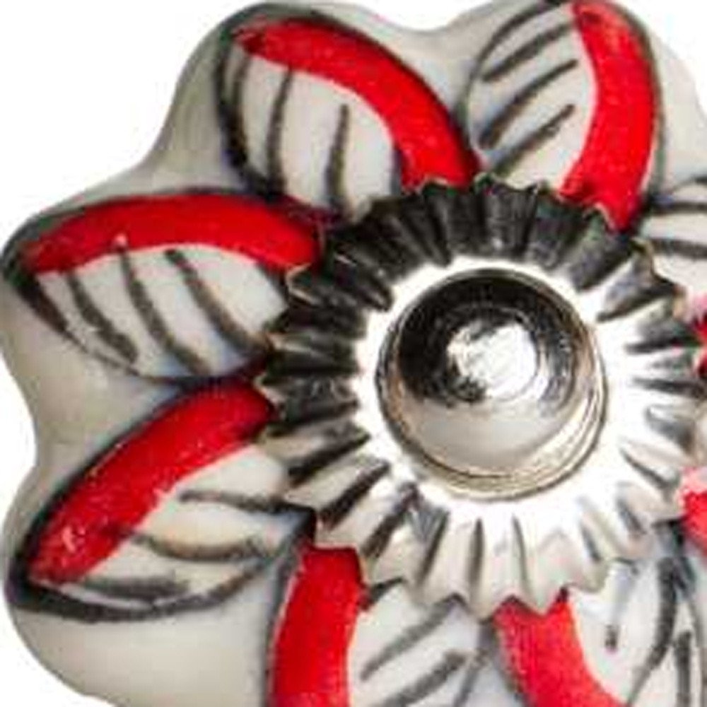 Set of Twelve Red And White Floral Ceramic Drawer Pull Knobs close-up detail