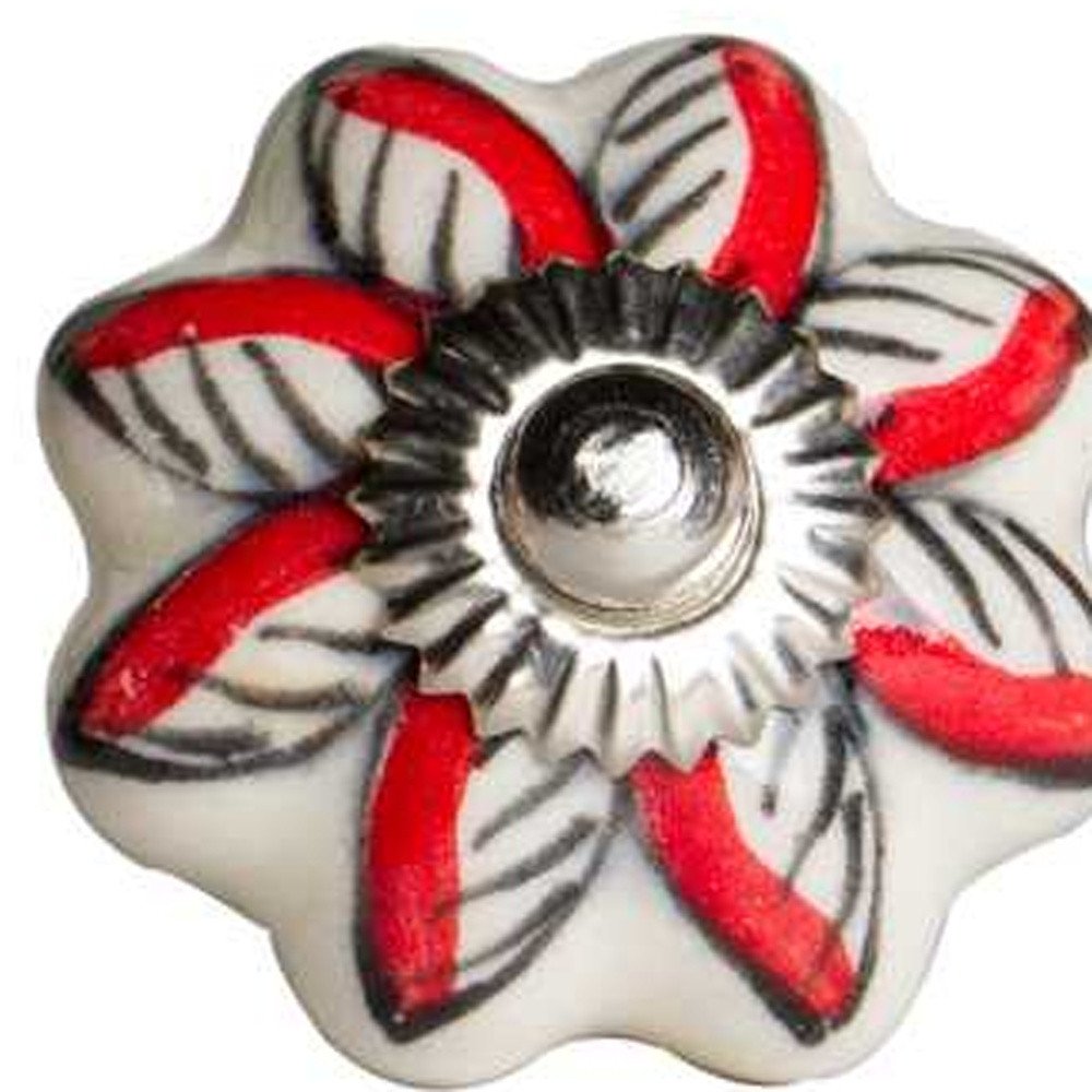 Set of Twelve Red And White Floral Ceramic Drawer Pull Knobs on a white background
