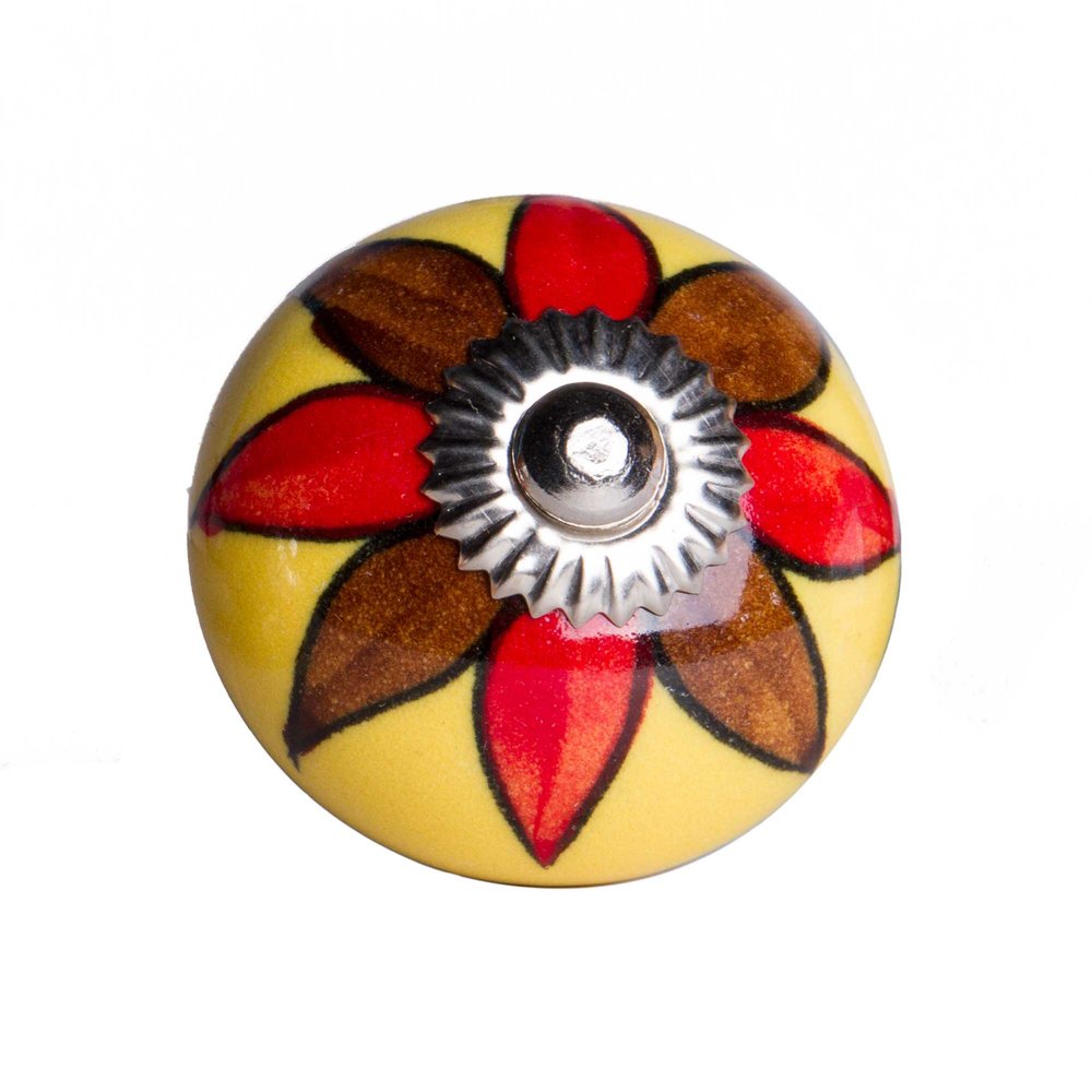 Set of Twelve Red And Yellow Floral Ceramic Drawer Pull Knobs on a white background