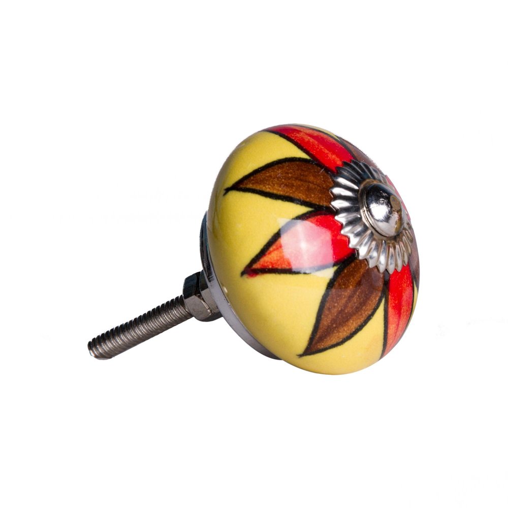 Set of Twelve Red And Yellow Floral Ceramic Drawer Pull Knobs on a white background