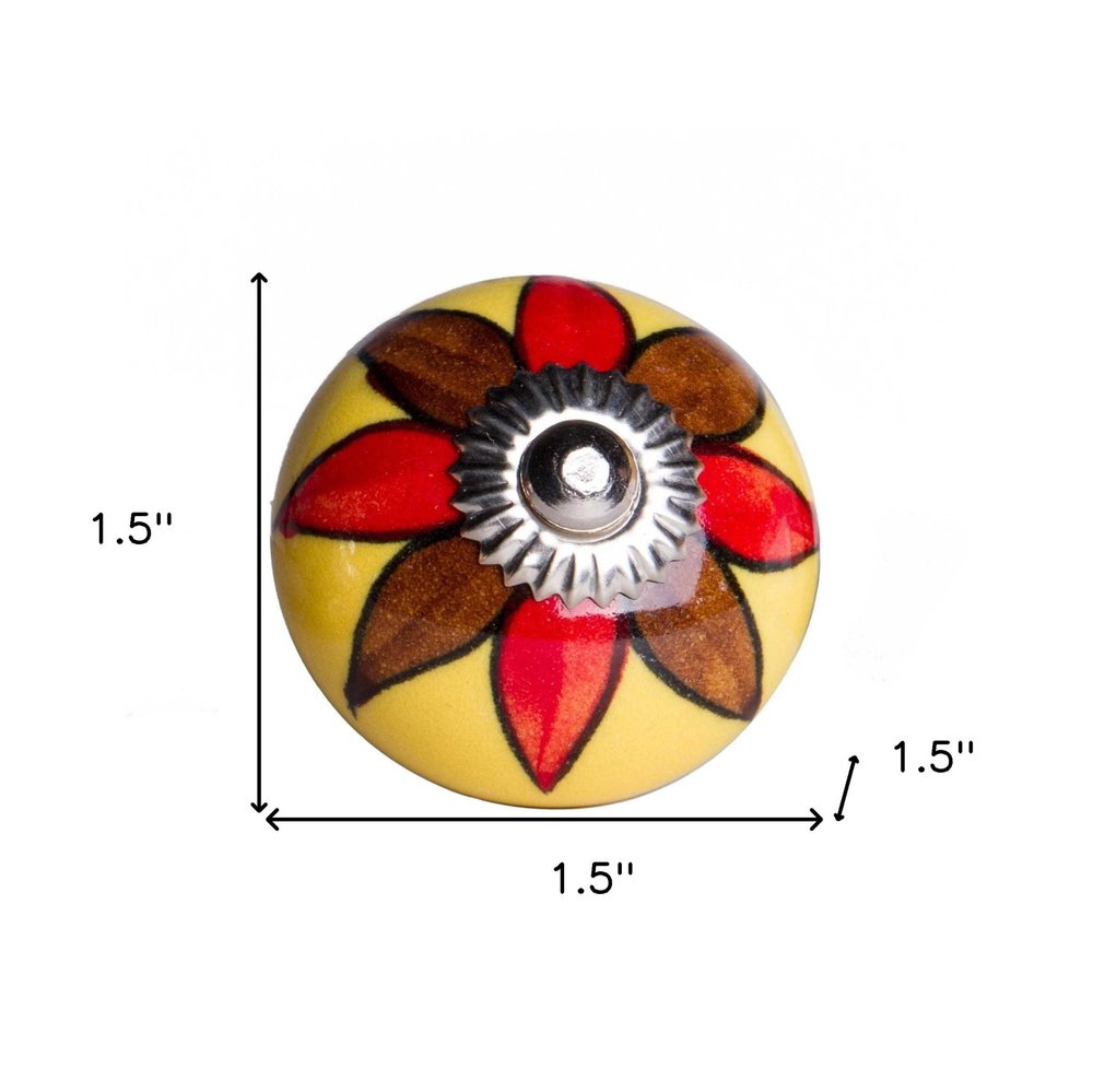 Set of Twelve Red And Yellow Floral Ceramic Drawer Pull Knobs on a white background