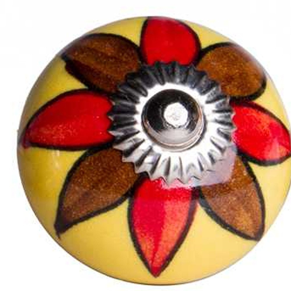 Set of Twelve Red And Yellow Floral Ceramic Drawer Pull Knobs on a white background