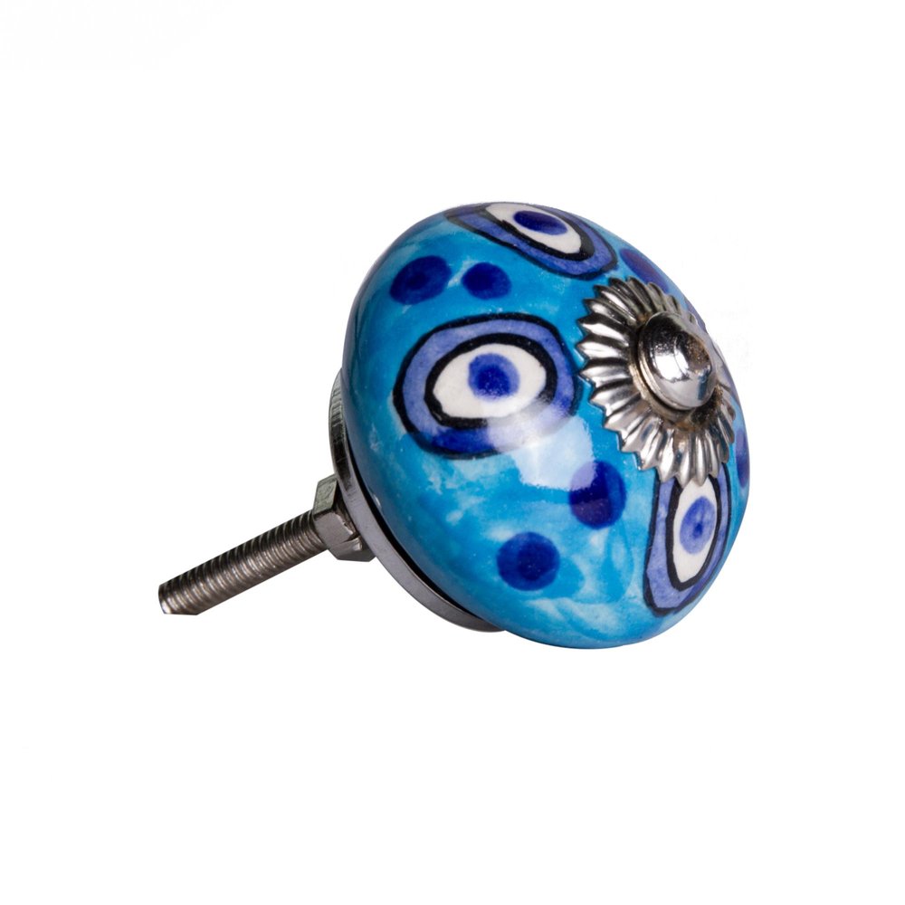 Set of Twelve Blue And White Botanical Ceramic Drawer Pull Knobs on a white background