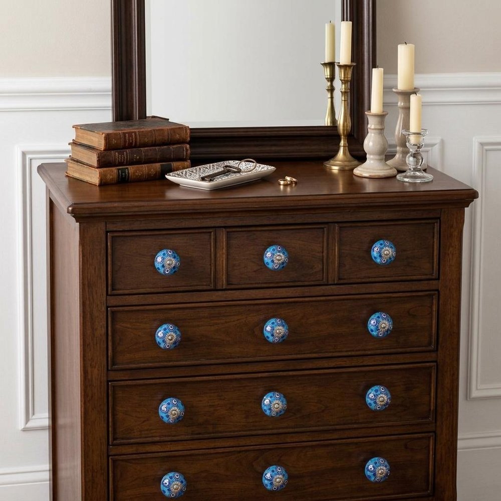 Set of Twelve Blue And White Botanical Ceramic Drawer Pull Knobs in a home interior