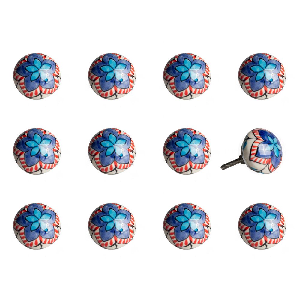 Twelve round ceramic drawer knobs with blue and white floral patterns on a white background.