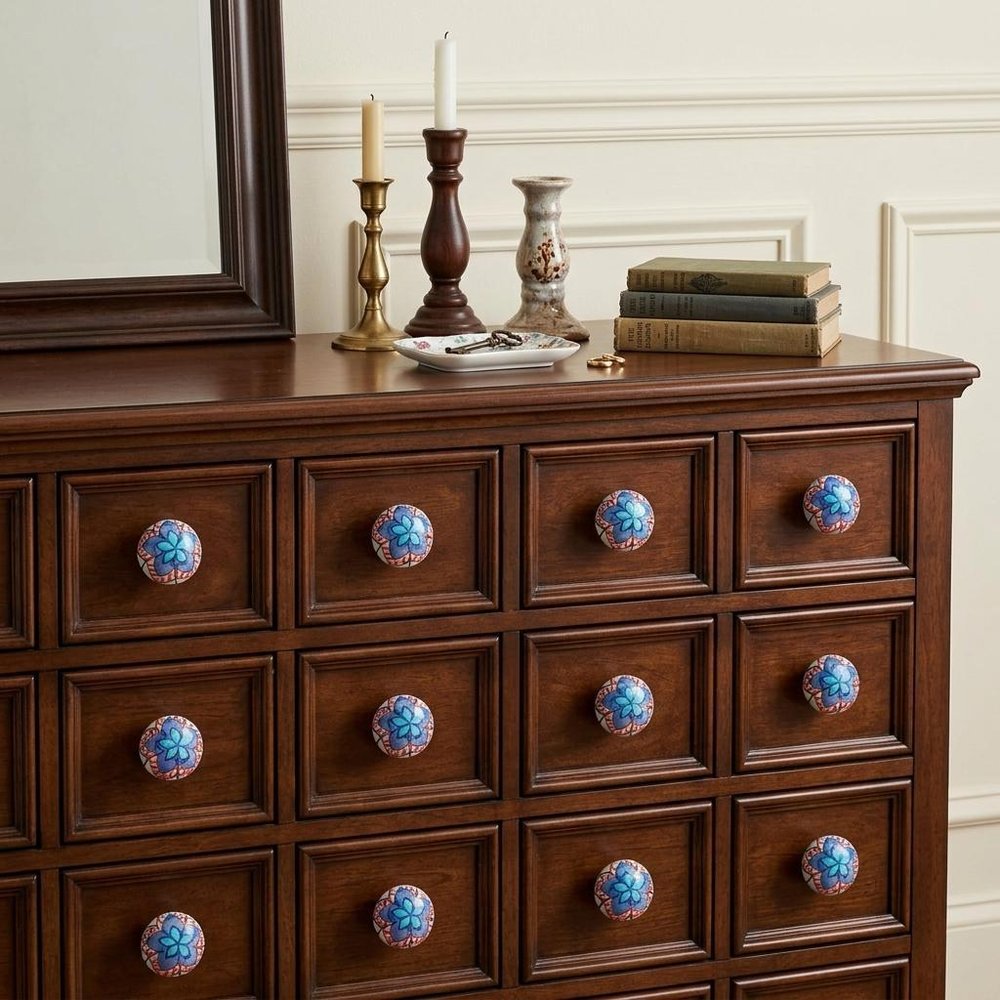 Set of Twelve Blue And White Floral Ceramic Drawer Pull Knobs in a home interior