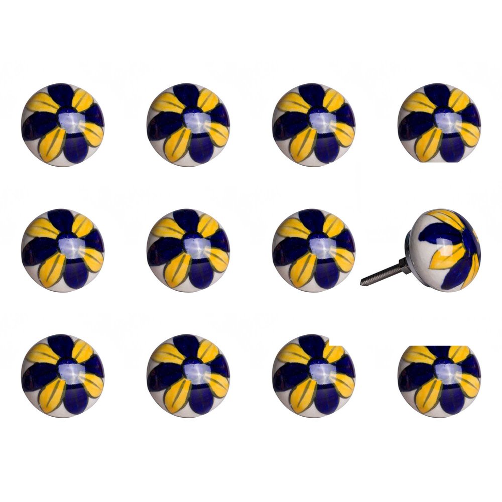 Set of twelve blue and yellow floral ceramic drawer pull knobs on a white background.