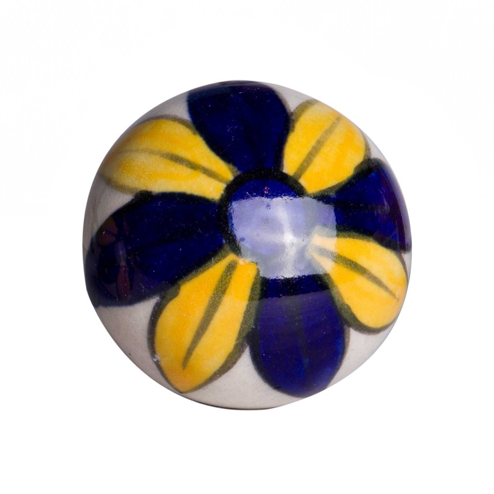 Set of Twelve Blue And Yellow Floral Ceramic Drawer Pull Knobs on a white background