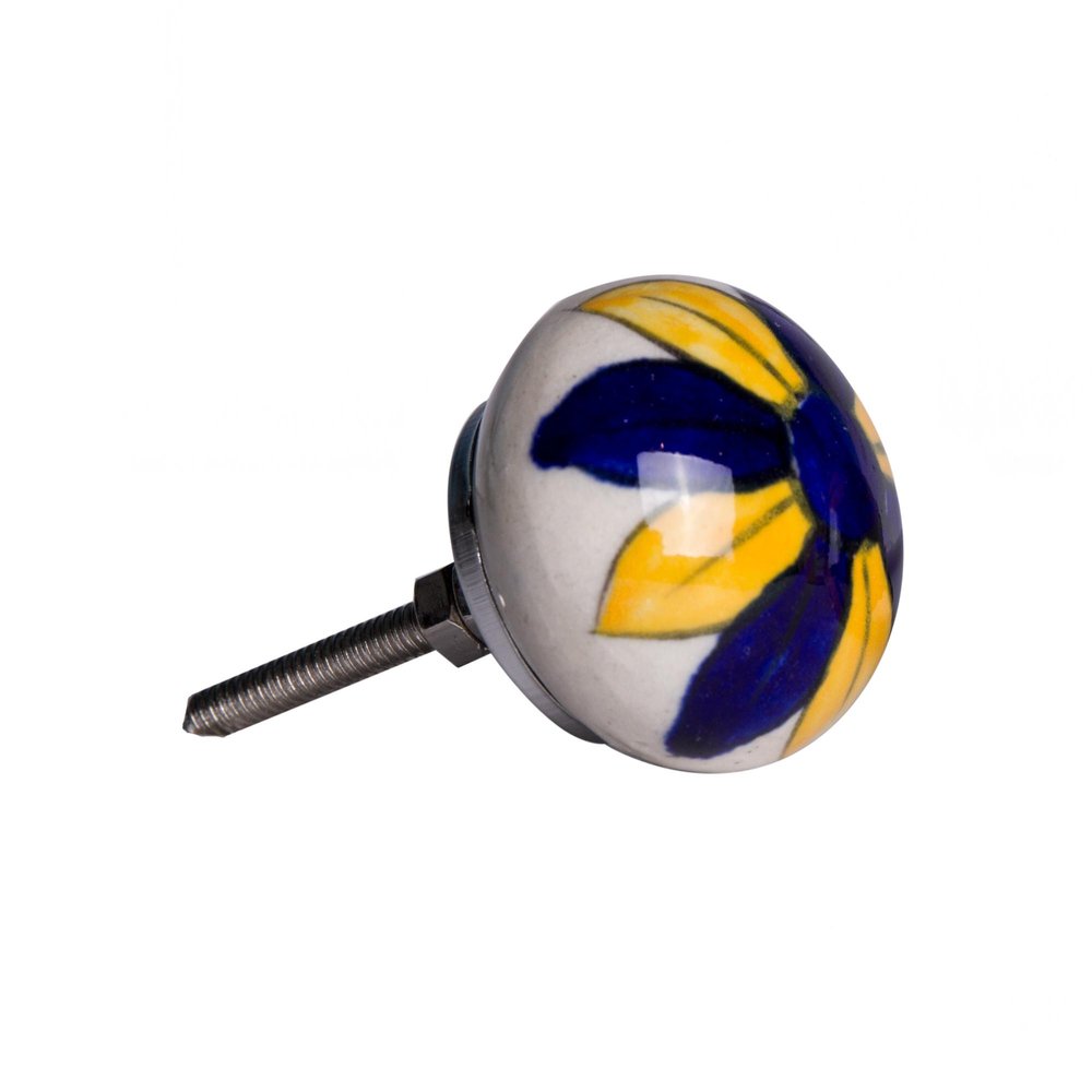 Set of Twelve Blue And Yellow Floral Ceramic Drawer Pull Knobs on a white background
