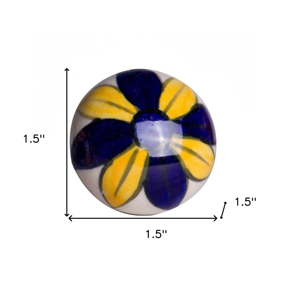 Set of Twelve Blue And Yellow Floral Ceramic Drawer Pull Knobs on a white background