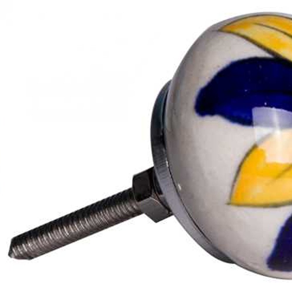 Set of Twelve Blue And Yellow Floral Ceramic Drawer Pull Knobs on a white background