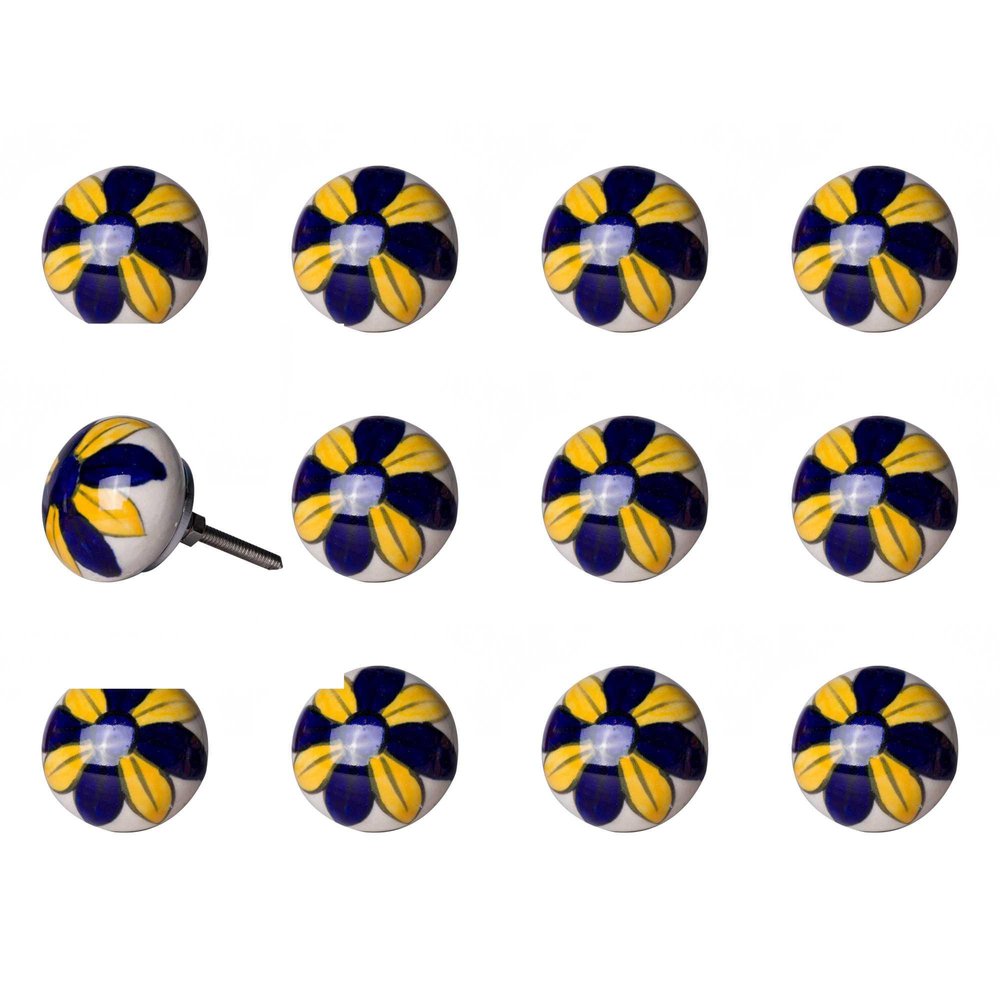 Set of Twelve Blue And Yellow Floral Ceramic Drawer Pull Knobs on a white background