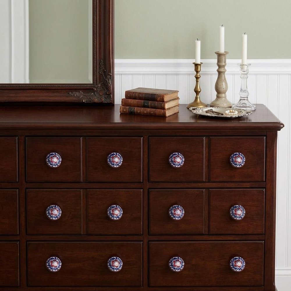 Set of Twelve Blue And White Floral Ceramic Drawer Pull Knobs in a home interior