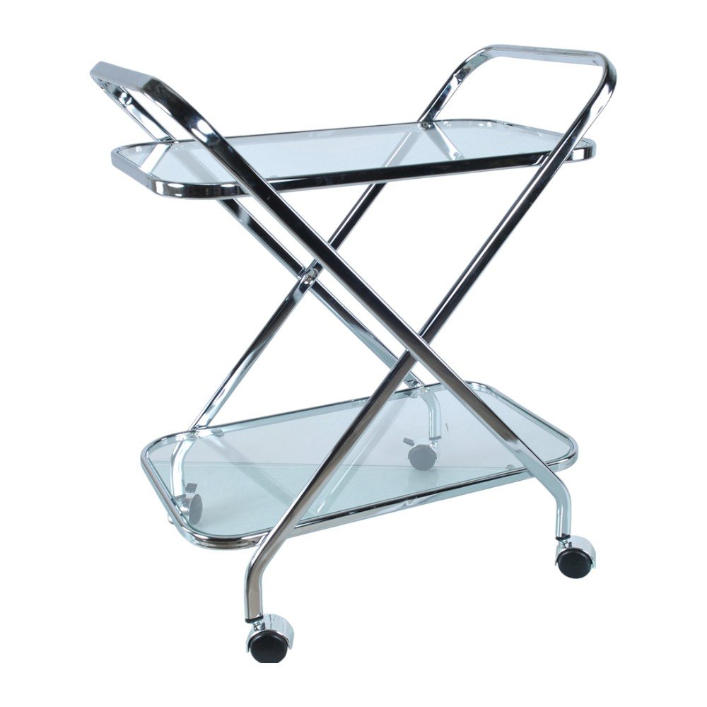26" Silver Metal and Glass Rolling Bar Cart. Bar cart isolated on a plain white background, showing a glass surface.