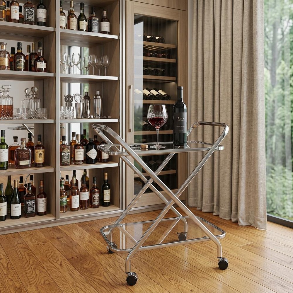 26" Silver Metal and Glass Rolling Bar Cart styled in a furnished interior with a tan wall on a dark wood floor.