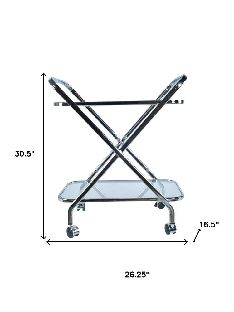 26" Silver Metal and Glass Rolling Bar Cart. Bar cart isolated on a plain white background, showing a silver glass surface.