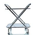 26" Silver Metal and Glass Rolling Bar Cart. Bar cart isolated on a plain white background, showing a glass surface.