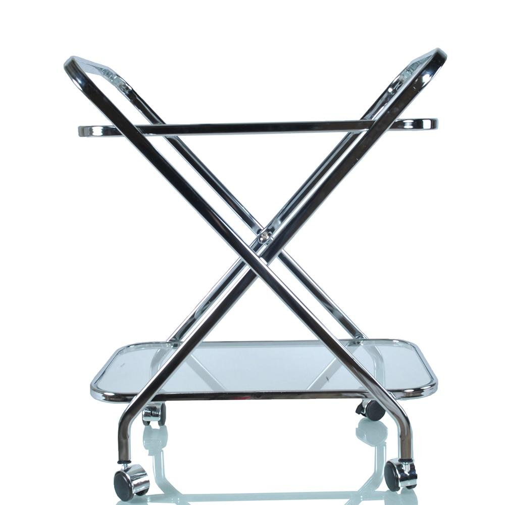 Silver metal and glass bar cart with wheels on a white background