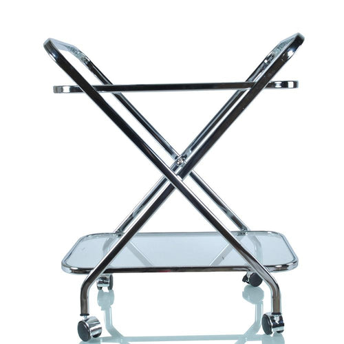 Silver metal and glass bar cart with wheels on a white background