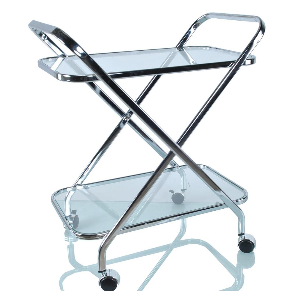 26" Silver Metal and Glass Rolling Bar Cart. Bar cart isolated on a plain white background, showing a glass surface.
