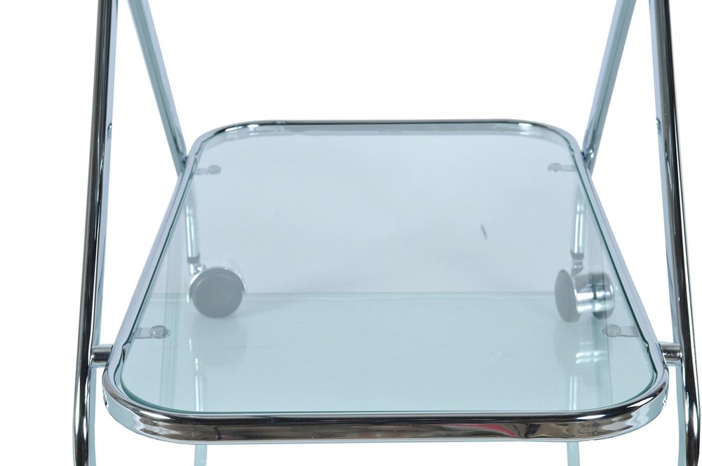 26" Silver Metal and Glass Rolling Bar Cart. Bar cart isolated on a plain white background, showing a glass surface.
