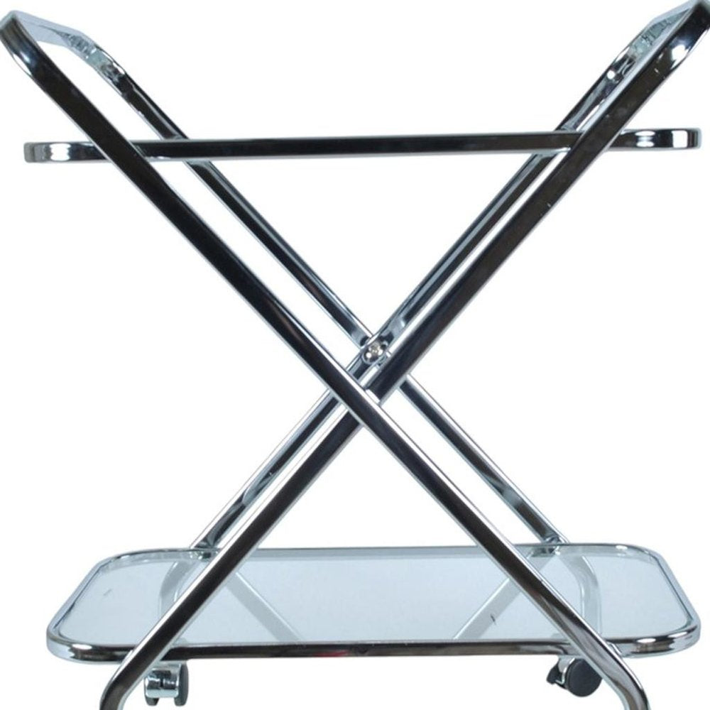 26" Silver Metal and Glass Rolling Bar Cart. Bar cart isolated on a plain white background, finished in silver glass.
