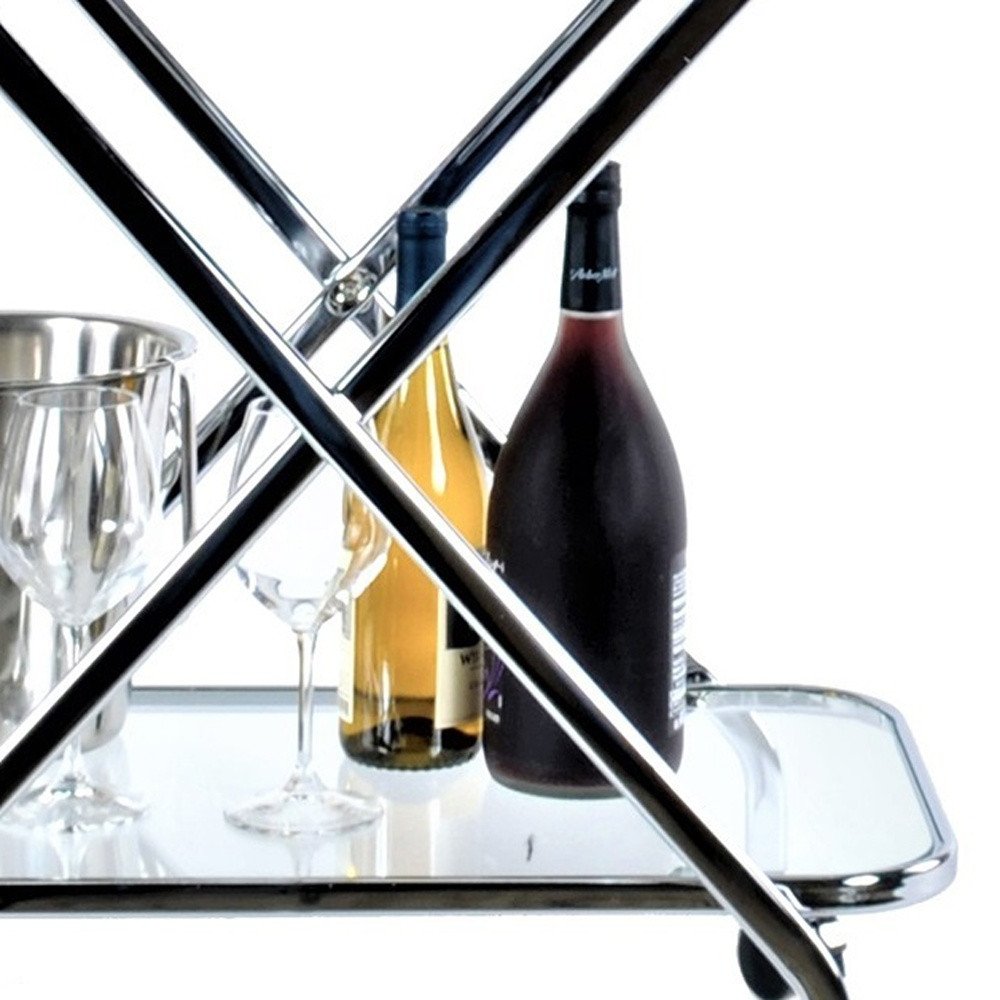 26" Silver Metal and Glass Rolling Bar Cart