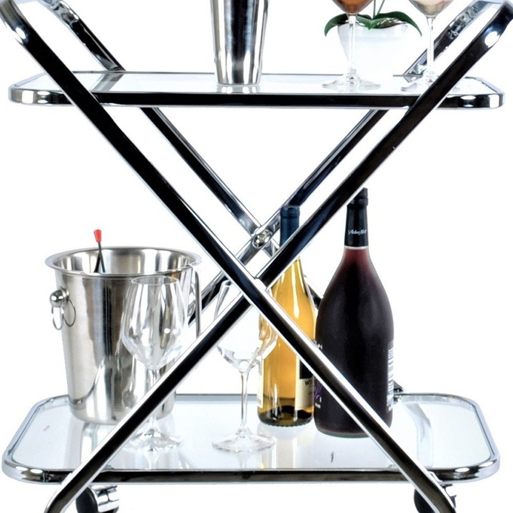 26" Silver Metal and Glass Rolling Bar Cart. Bar cart isolated on a plain white background, in a silver glass finish.